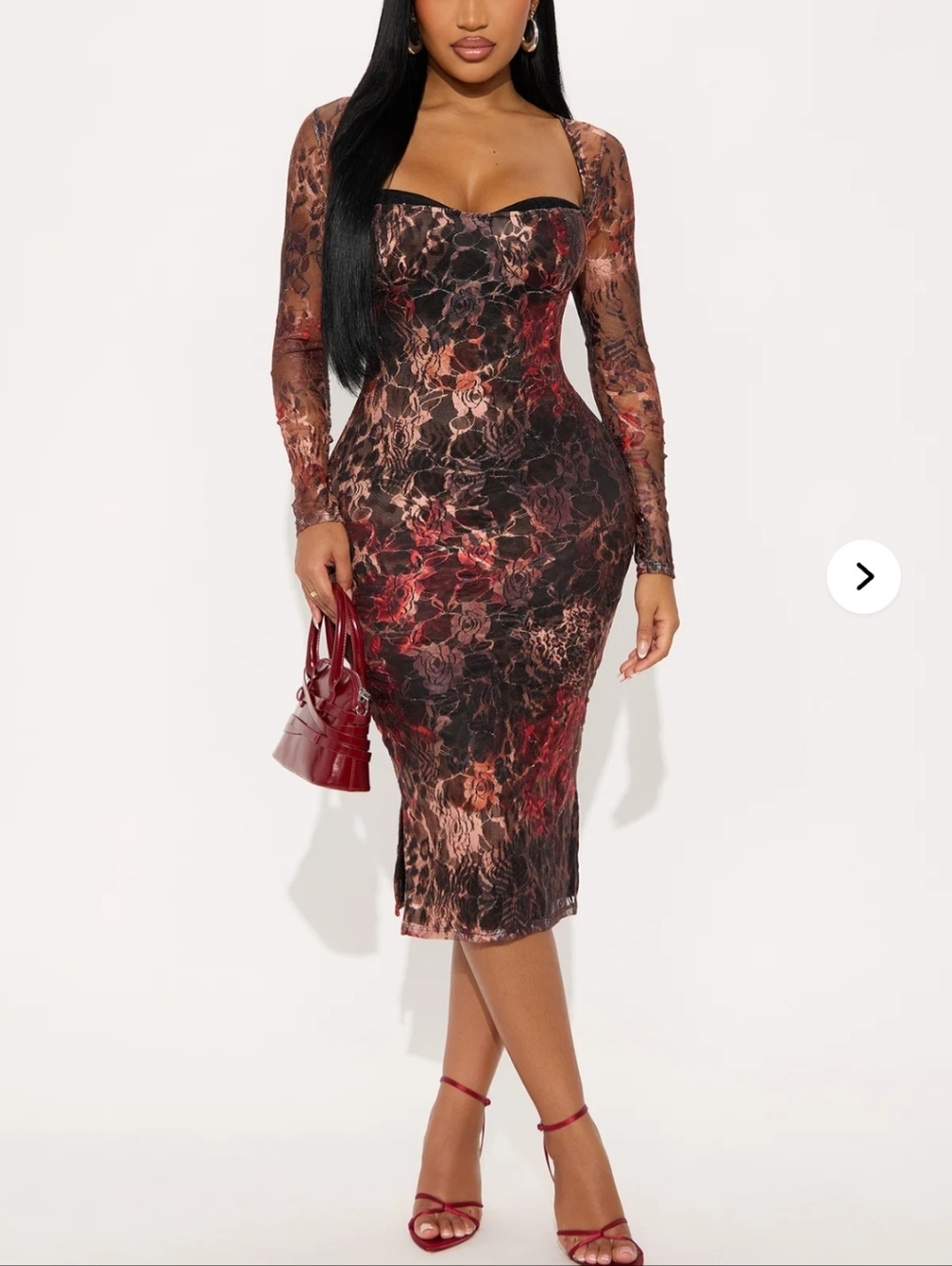 Fashion Nova Black and Red Floral Lace Midi Dress